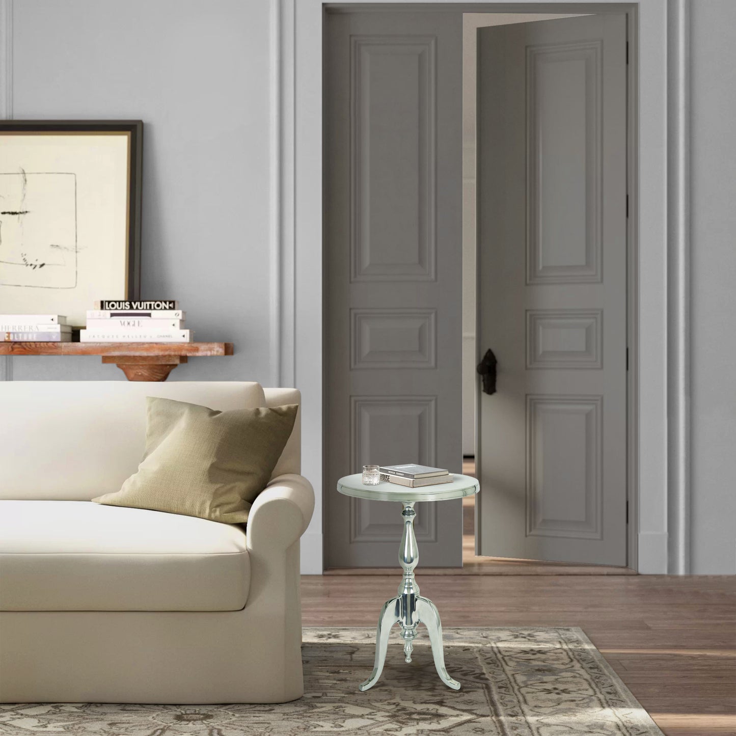 Traditional Style Aluminum Accent Table With Pedestal Base, Silver